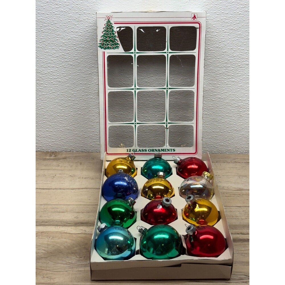Vtg Set Of 12 Multicolor Hand Blown Glass Ball Christmas Tree Ornaments